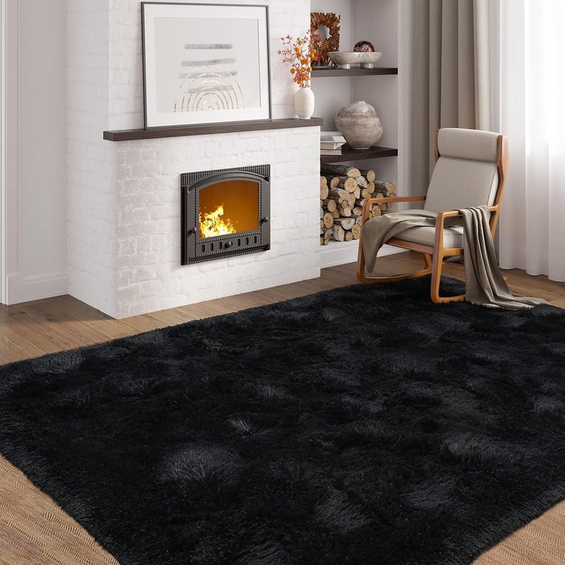 Softlife Black Area Rug for Bedroom, Fluffy Shag Plush Rugs for Living Room Girls, Shaggy Throw Soft Fuzzy Small Kids Carpet for Dorm Bedside Ultra Cozy Non-Slip Indoor Decor, 4x5.3 Feet - Image 3